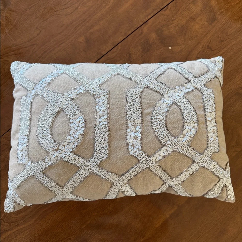 Pier 1 Beige Accent Pillow with White Sequin Trellis